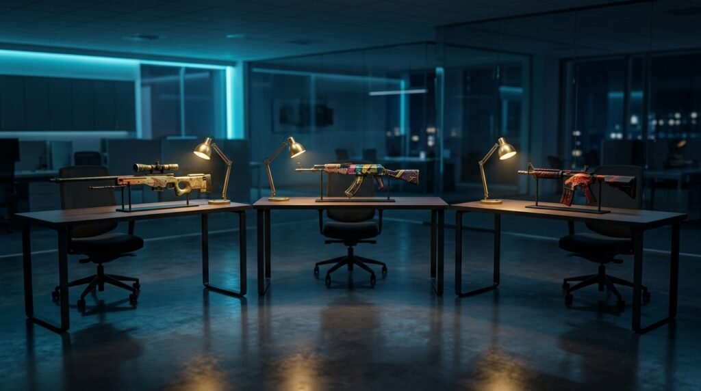 Three illuminated editorial desks displaying CS2 skins
