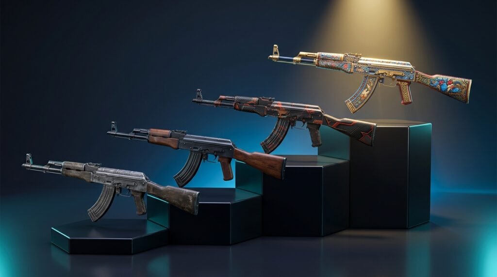 Four AK-47 rifle skins floating in a row
