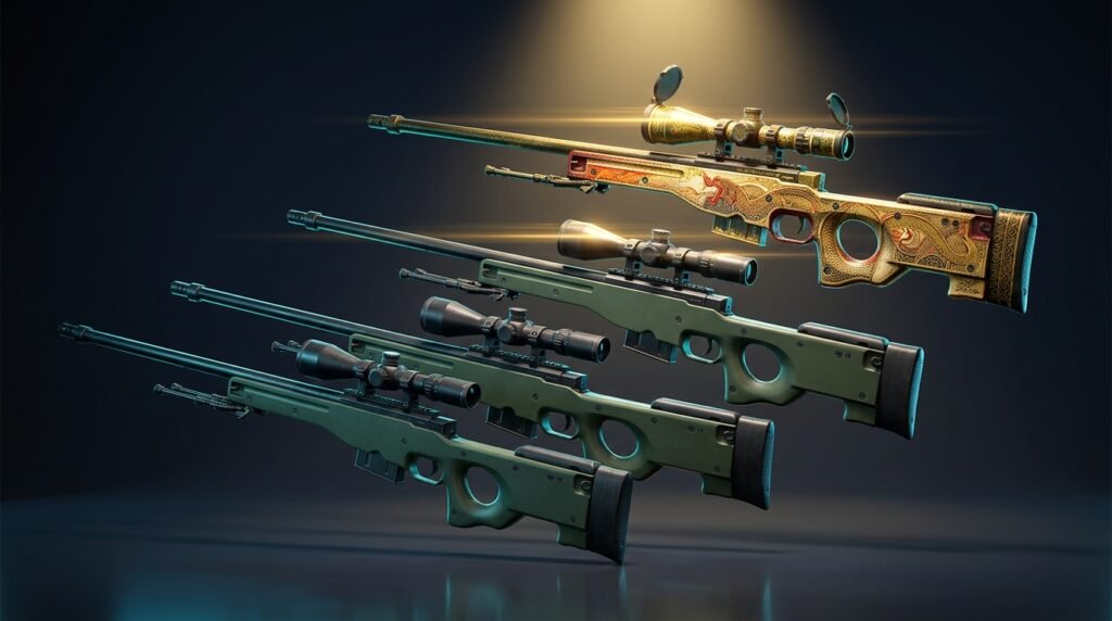Four AWP sniper rifle skins floating in a row