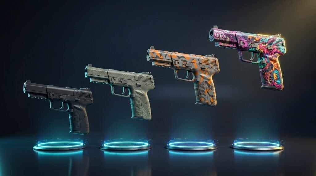 Four Five-SeveN pistol skins floating in a row