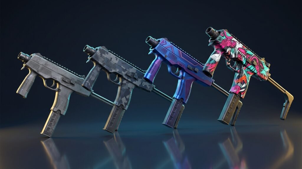 Four MP9 submachine gun skins in a row