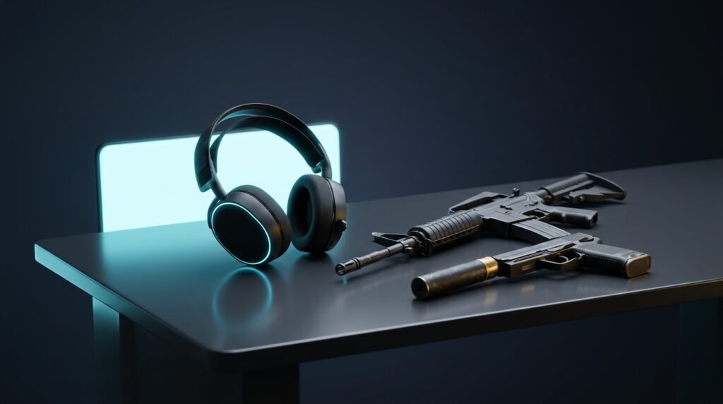 A sleek dark desk with a headset and CS2 weapons
