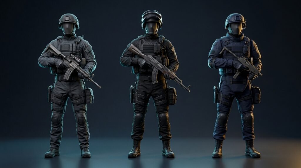 Three faceless tactical CS2 agent models