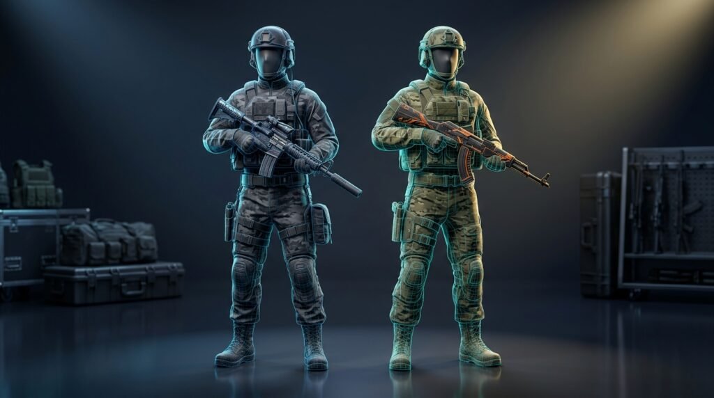 Two identical faceless CS2 tactical agent models compared