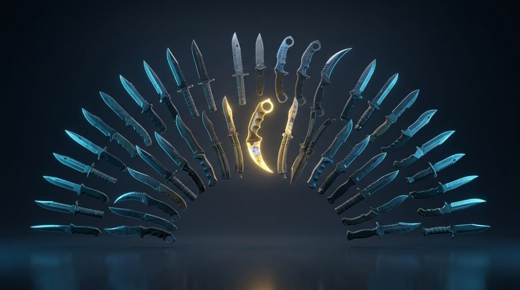 A fan-shaped arrangement of CS2 knife types