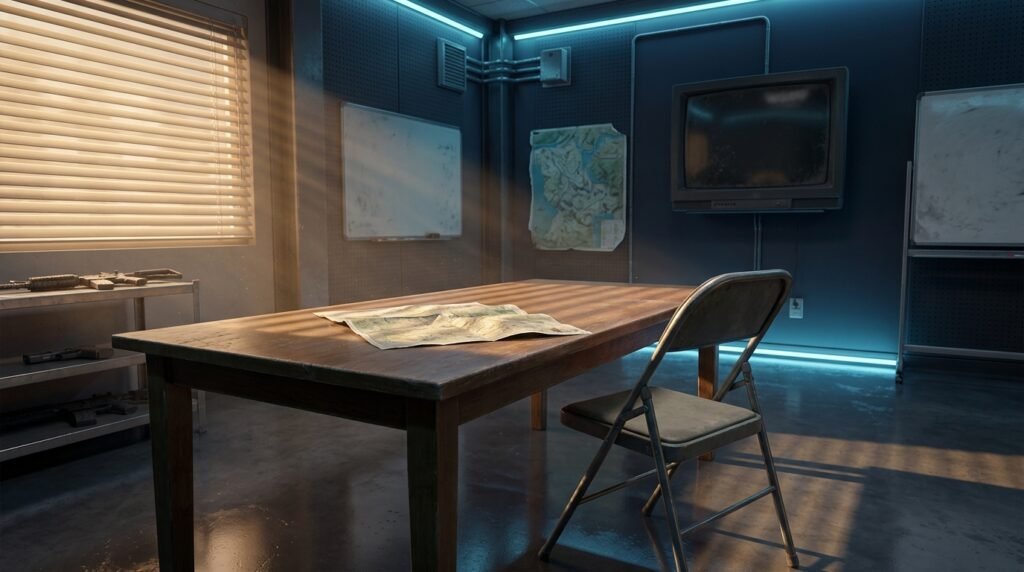 An abandoned mission-briefing room referencing CS2 Operations