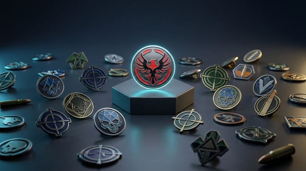 A collection of enamel CS2 collectible pins