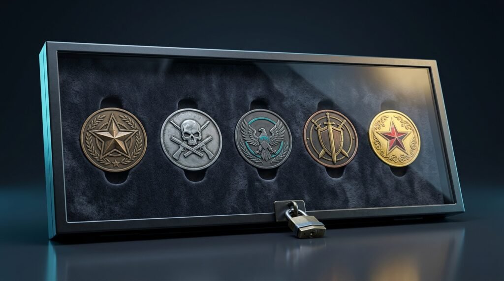 A row of five metal CS2 service medals