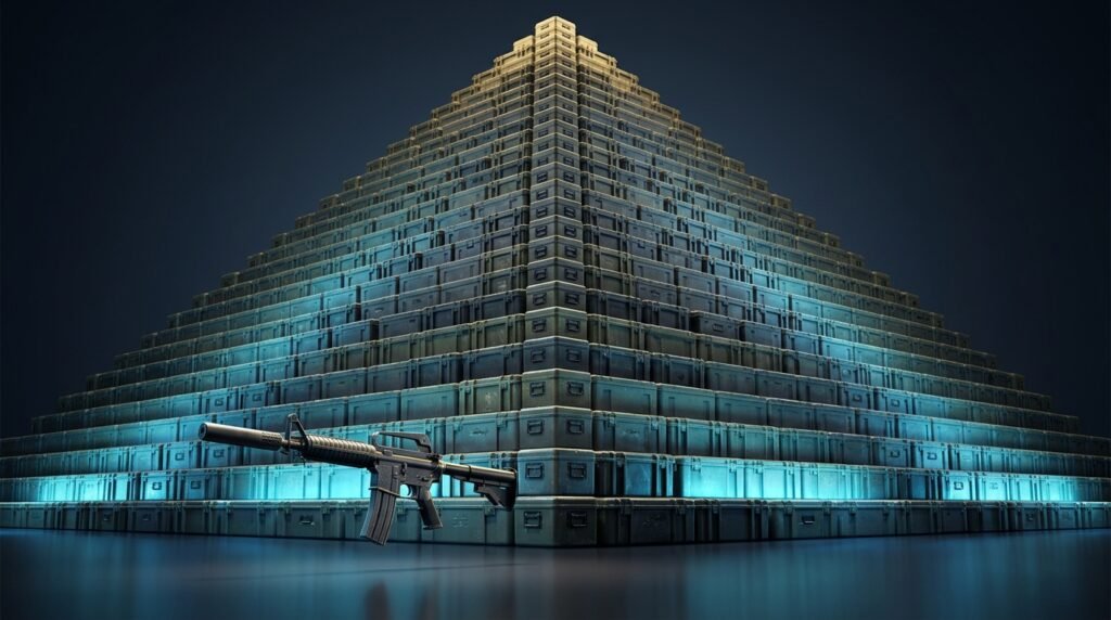 An enormous towering pyramid of CS2 cases representing market cap