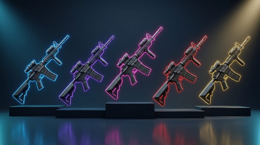Five identical CS2 rifles representing skin rarity tiers