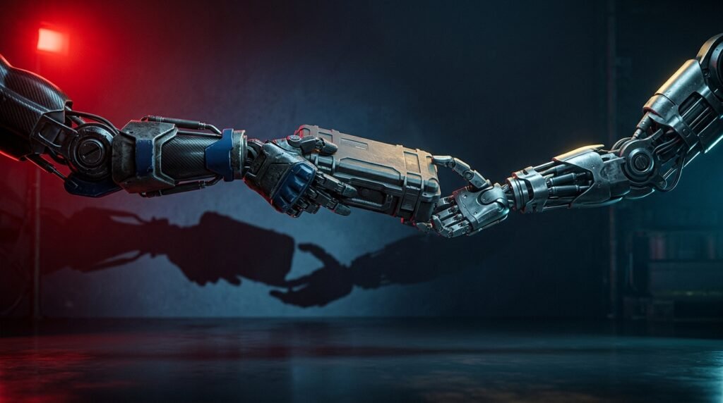 A dark scene of two robotic hands exchanging CS2 skins