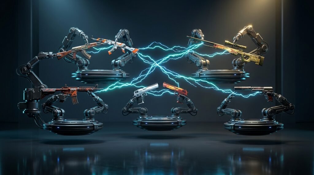 Multiple pairs of robotic arms swapping CS2 skins