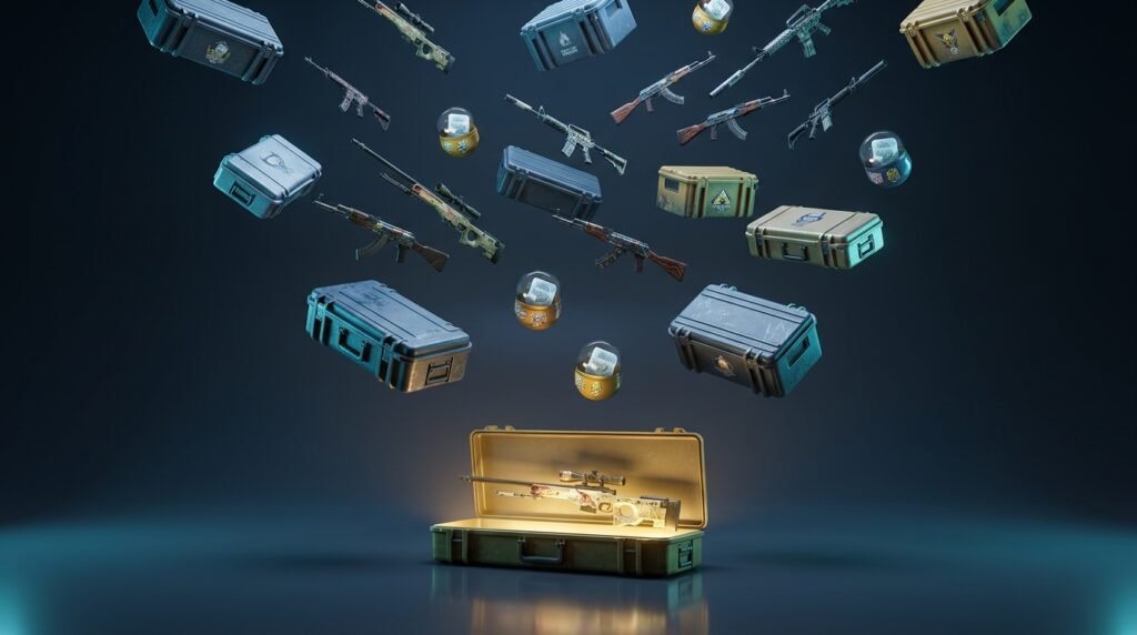 CS2 weapon cases and skins falling through the air