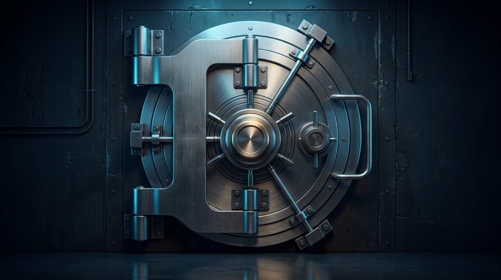 A brushed metal vault door symbolising privacy