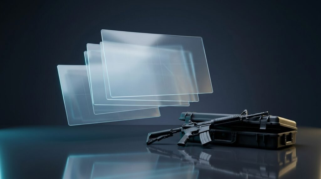 Floating blank article cards with a CS2 rifle and weapon case